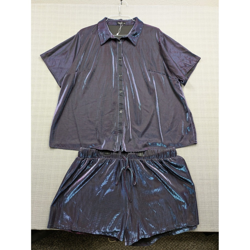SHEIN Curve 2 Pc Outfit Set Womens 4XL Purple Metallic Shirt Shorts Party